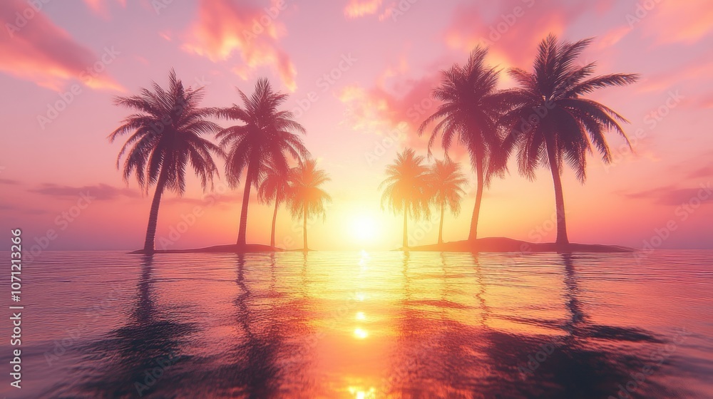 A row of palm trees stand silhouetted against a vibrant sunset on a small island. A row of palm trees stand silhouetted against a vibrant sunset on a small island.