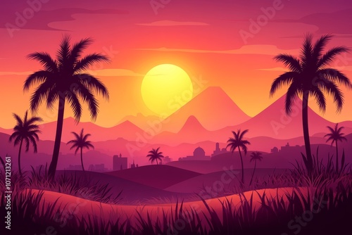 Exotic Oasis Sunset. Palm Trees, Desert Landscape With Mountains Silhouette On Violet And Pink Sky