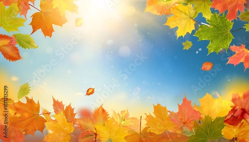  Autumn background with copy space, beautiful autumn leaves and sunlight. Background banner