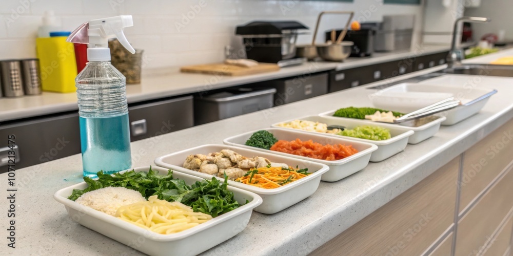 Meal Preparation Area A closeup of a clean kitchen counter with meal ingredients arranged reminding to keep the meal environment organized and sanitized.