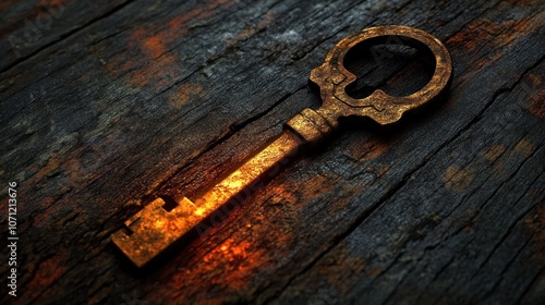 A rusty antique key with glowing light lies on a weathered wooden surface.