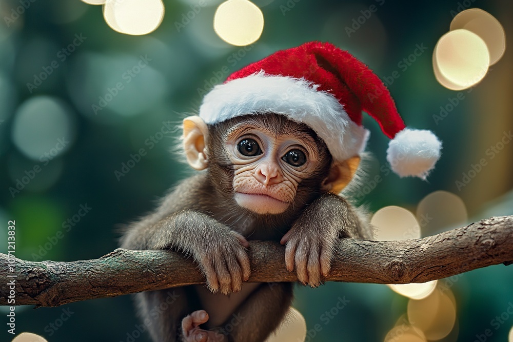 monky on a branch wearing santa hat,generative ai monky on a branch wearing santa hat,generative ai