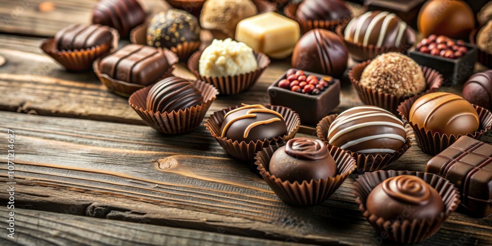 A close-up photo of assorted chocolates on a rustic wooden table, chocolate, world, day, celebration, delicious, sweets A close-up photo of assorted chocolates on a rustic wooden table, chocolate, world, day, celebration, delicious, sweets