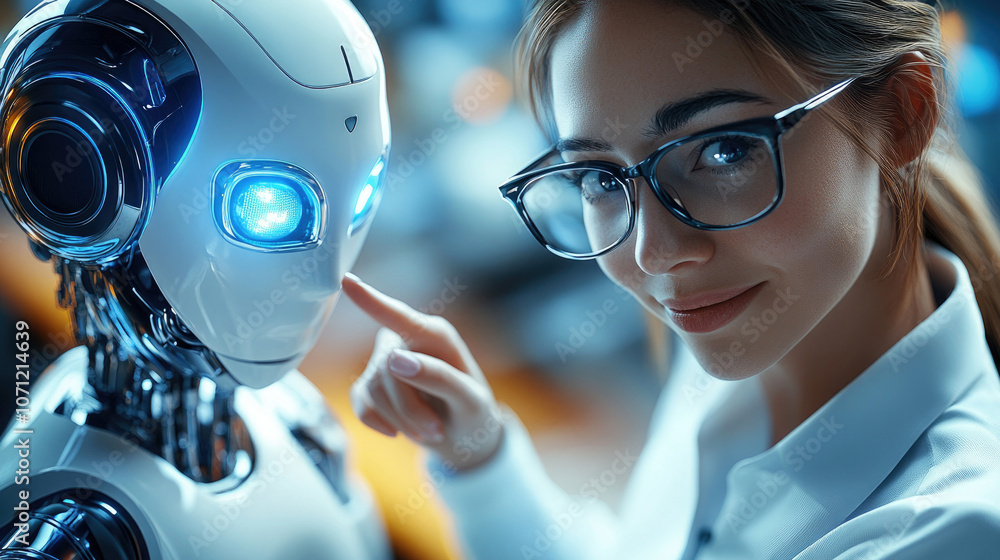 Women and robots are communicating, the concept of artificial intelligence Women and robots are communicating, the concept of artificial intelligence