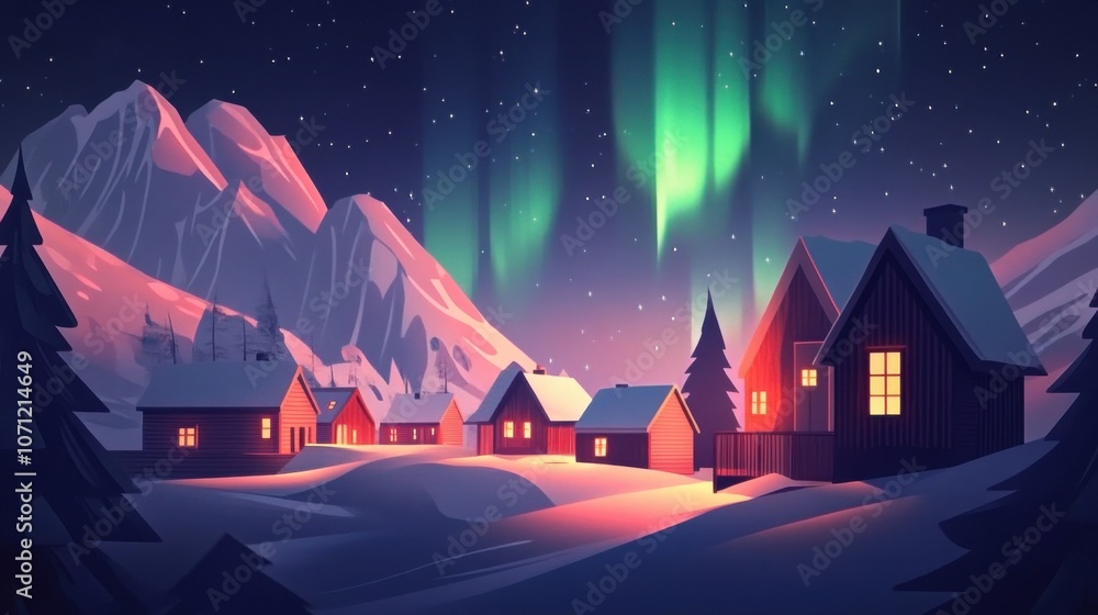 Fototapeta premium Aurora's Embrace: Nordic Village Serenity