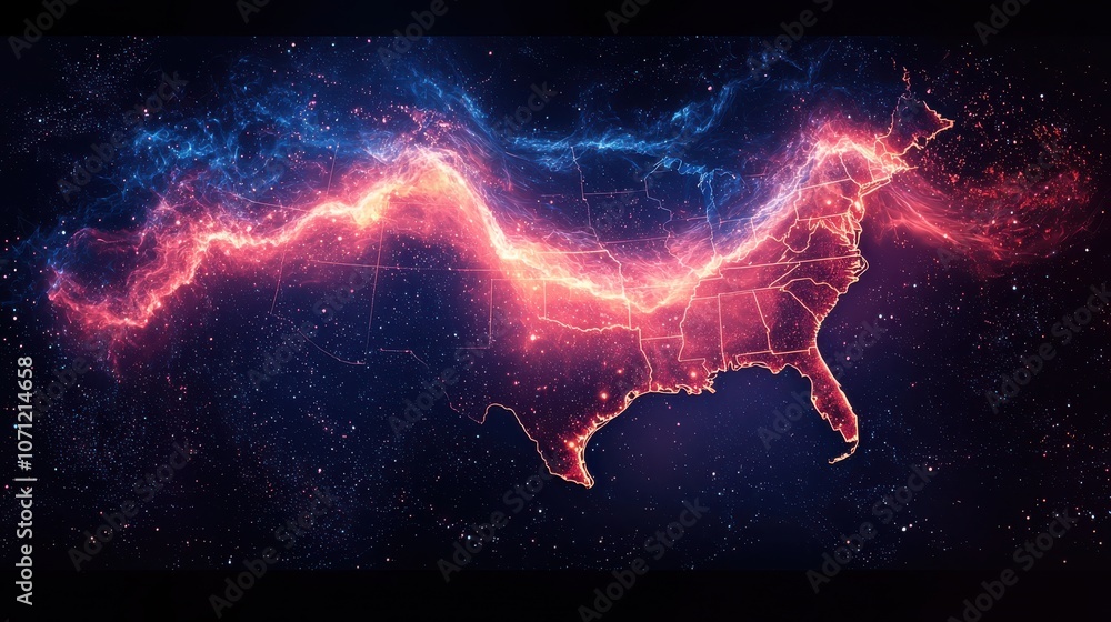 vibrant, glowing map of United States is illuminated with dynamic red and blue energy, symbolizing economic rivalry. cosmic background adds futuristic touch vibrant, glowing map of United States is illuminated with dynamic red and blue energy, symbolizing economic rivalry. cosmic background adds futuristic touch