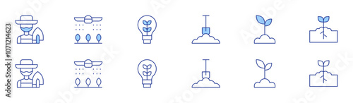 Farm icon set in two styles, Duotone and Thin Line style. Editable stroke. peasant, smart farm, innovation, soil, sprout, plant