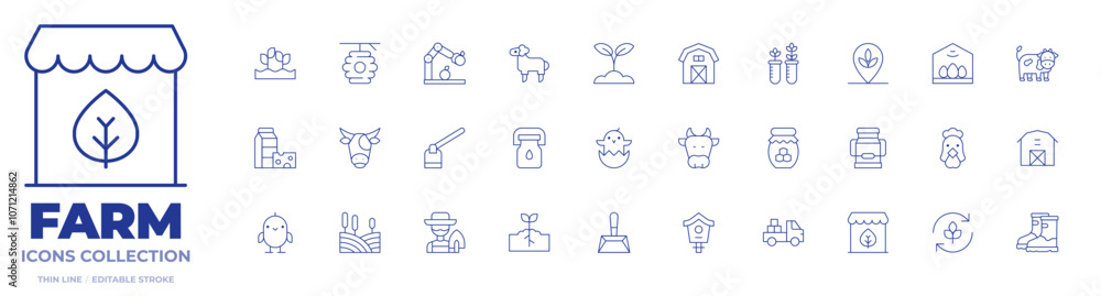 Farm icons collection. Thin Line icons, editable stroke. agriculture, beehive, chick, cow, dairy products, farm house, hoe, milk bottle, robotic arm, sheep Farm icons collection. Thin Line icons, editable stroke. agriculture, beehive, chick, cow, dairy products, farm house, hoe, milk bottle, robotic arm, sheep