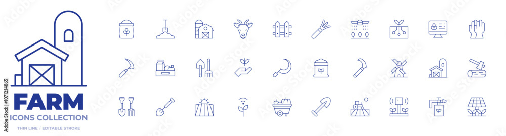 Farm icons collection. Thin Line icons, editable stroke. fence, flour, food, gardening tools, goat, ground, shovel, sickle, silo, smart farm, soil, sprout, windmill Farm icons collection. Thin Line icons, editable stroke. fence, flour, food, gardening tools, goat, ground, shovel, sickle, silo, smart farm, soil, sprout, windmill