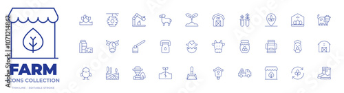 Farm icons collection. Thin Line icons, editable stroke. agriculture, beehive, chick, cow, dairy products, farm house, hoe, milk bottle, robotic arm, sheep