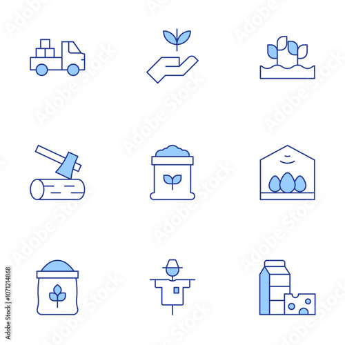 Farm icons set. Line Duotone style, editable stroke. agriculture, dairy products, scarecrow, wood, flour, sprout, soil, egg incubator, pick up truck