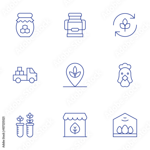 Farm icons set. Thin Line style, editable stroke. agronomy, chicken, egg incubator, honey jar, milk, pick up truck, plant, shop, test tube