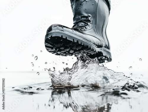 Black Boot Splashing Water on White Background photo