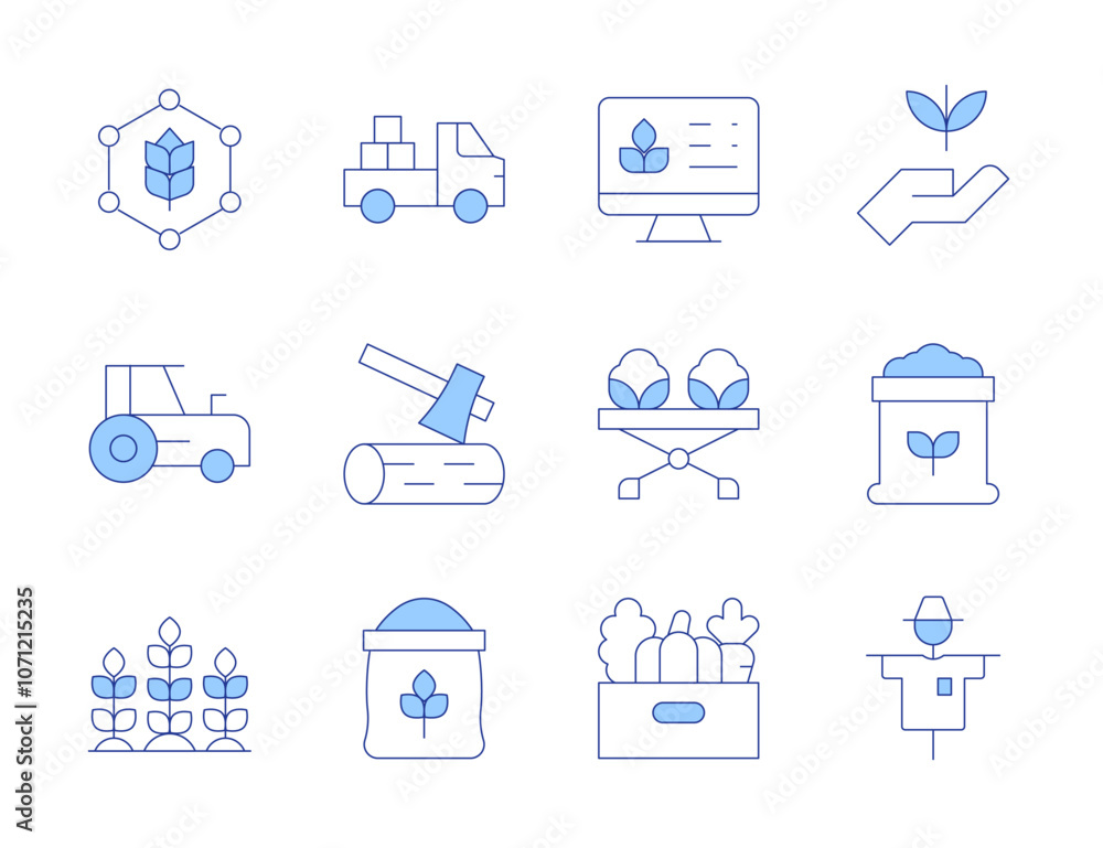 Farm icons. Line Duotone style, editable stroke. scarecrow, wood, market, rye, smart farm, wheat, flour, sprout, tractor, vegetables, soil, pick up truck Farm icons. Line Duotone style, editable stroke. scarecrow, wood, market, rye, smart farm, wheat, flour, sprout, tractor, vegetables, soil, pick up truck