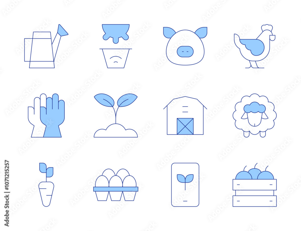 Farm icons. Line Duotone style, editable stroke. smartphone, sheep, hen, eggs, pig, carrot, animal, crate, farm house, gloves, watering can, agriculture Farm icons. Line Duotone style, editable stroke. smartphone, sheep, hen, eggs, pig, carrot, animal, crate, farm house, gloves, watering can, agriculture
