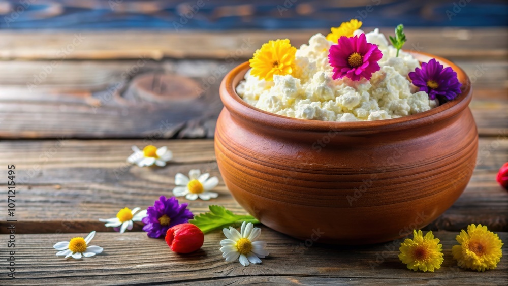 Fresh curd in a clay pot decorated with colorful flowers, curd, clay pot, decoration, fresh, dairy, yogurt, traditional, homemade Fresh curd in a clay pot decorated with colorful flowers, curd, clay pot, decoration, fresh, dairy, yogurt, traditional, homemade