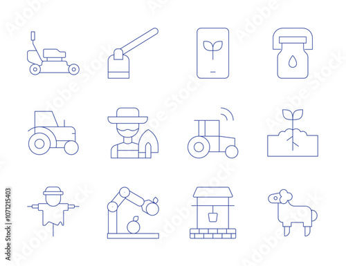 Farm icons. Thin Line style, editable stroke. hoe, lawnmower, milk bottle, peasant, plant, robotic arm, scarecrow, sheep, smartphone, tractor, well