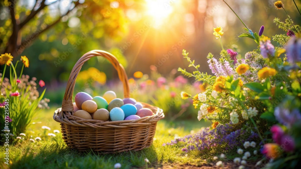 Enchanting basket of colorful eggs bathed in sunlight in a mystical garden setting with lush flowers , Easter, Spring Enchanting basket of colorful eggs bathed in sunlight in a mystical garden setting with lush flowers , Easter, Spring