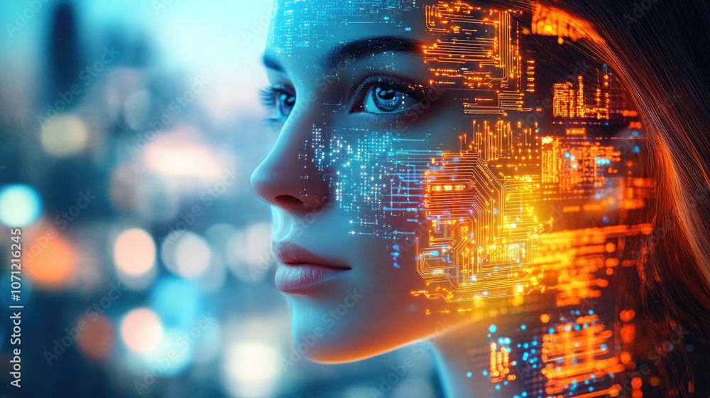 A mesmerizing visual of a woman's face overlaid with flowing streams of glowing digital data representing AI A mesmerizing visual of a woman's face overlaid with flowing streams of glowing digital data representing AI