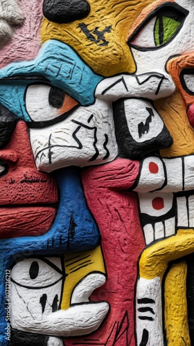 Vibrant closeup of colorful geometric street art mural photo