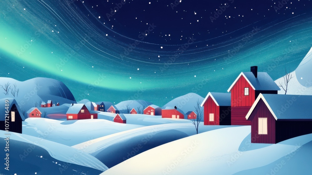 Fototapeta premium Aurora's Embrace: Nordic Village Serenity