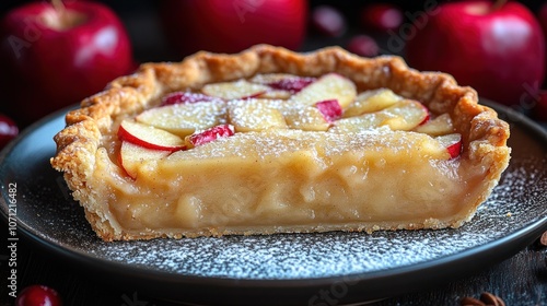 A slice of apple pie with a flaky crust and a sweet filling, dusted with powdered sugar. photo