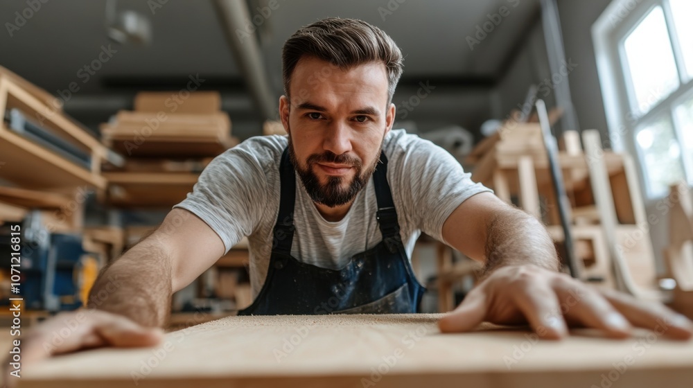 Fototapeta premium Woodworking enthusiast surrounded by craft tools in workshop setting