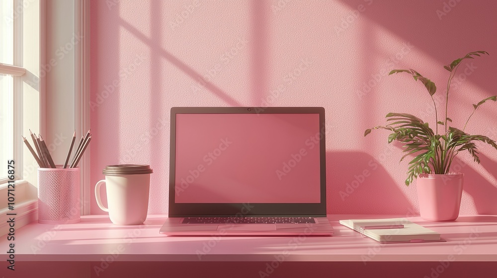 Modern Isolated Office Desk Setup on Pastel Background Modern Isolated Office Desk Setup on Pastel Background