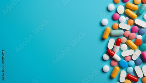 A colorful assortment of various pills and capsules on a blue background.