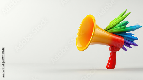 Colorful 3D model of megaphone with vibrant feathers, symbolizing communication and creativity. This playful design captures attention and inspires expression photo