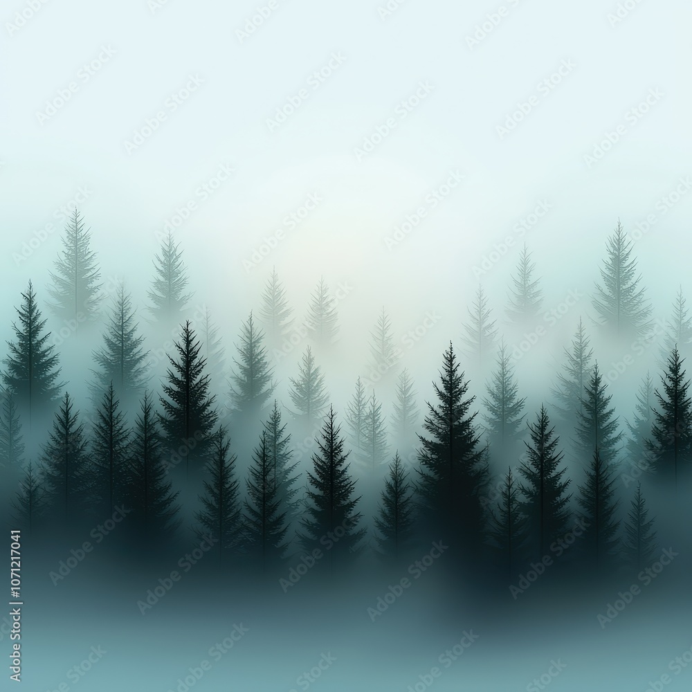 Fototapeta premium Misty pine forest with light breaking through trees