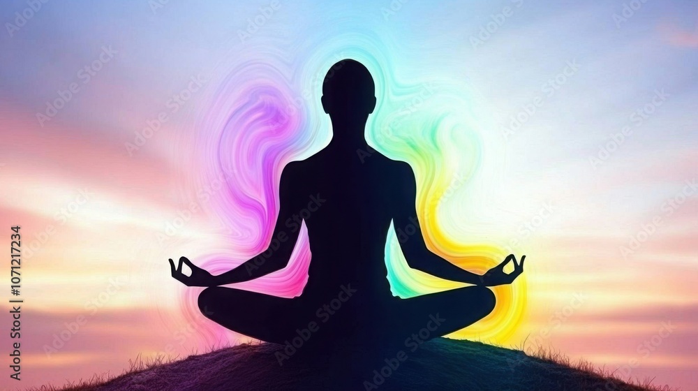 Yoga practitioner on hill, dissolving into vibrant colors, merging with sky - unity of mind and body. Yoga practitioner on hill, dissolving into vibrant colors, merging with sky - unity of mind and body.