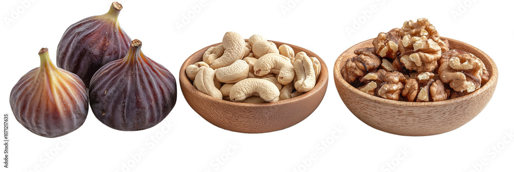 Fresh figs, cashews, and walnuts arranged in wooden bowls create vibrant and healthy snack display. This colorful assortment highlights natural textures and colors of fruits and nuts Fresh figs, cashews, and walnuts arranged in wooden bowls create vibrant and healthy snack display. This colorful assortment highlights natural textures and colors of fruits and nuts