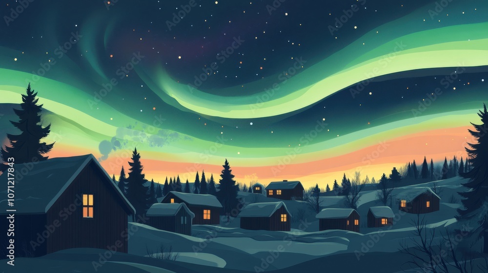 Fototapeta premium Aurora's Embrace: Nordic Village Serenity