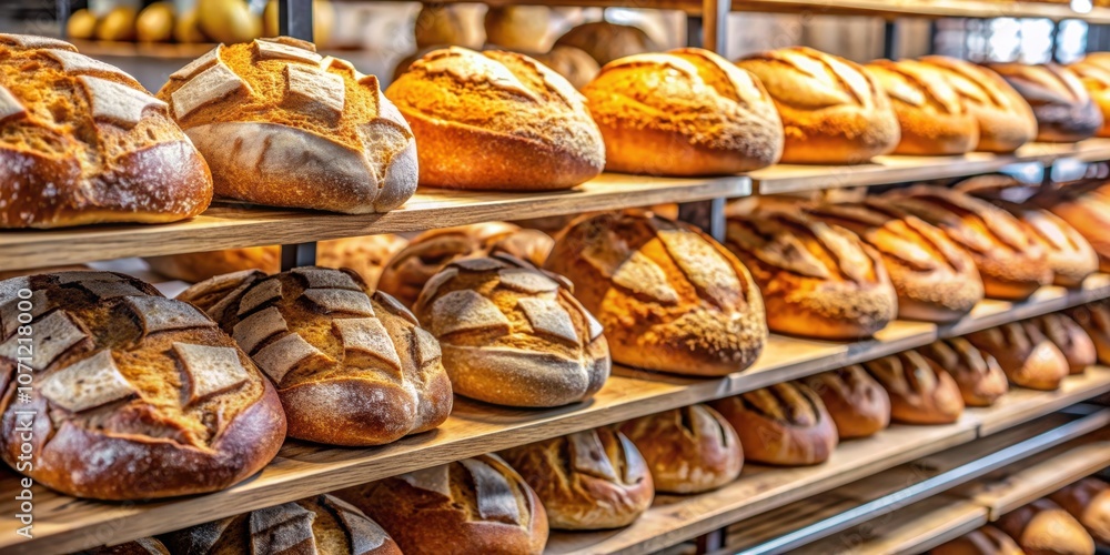 Freshly baked artisanal bread loaves on display in bakery , bakery, bread, loaf, display, variety, craftsmanship, artisanal Freshly baked artisanal bread loaves on display in bakery , bakery, bread, loaf, display, variety, craftsmanship, artisanal