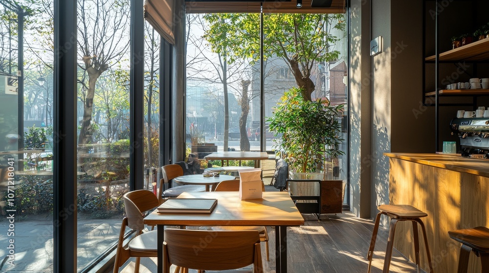 Fototapeta premium Stylish Workspace in a Modern Coffee Shop