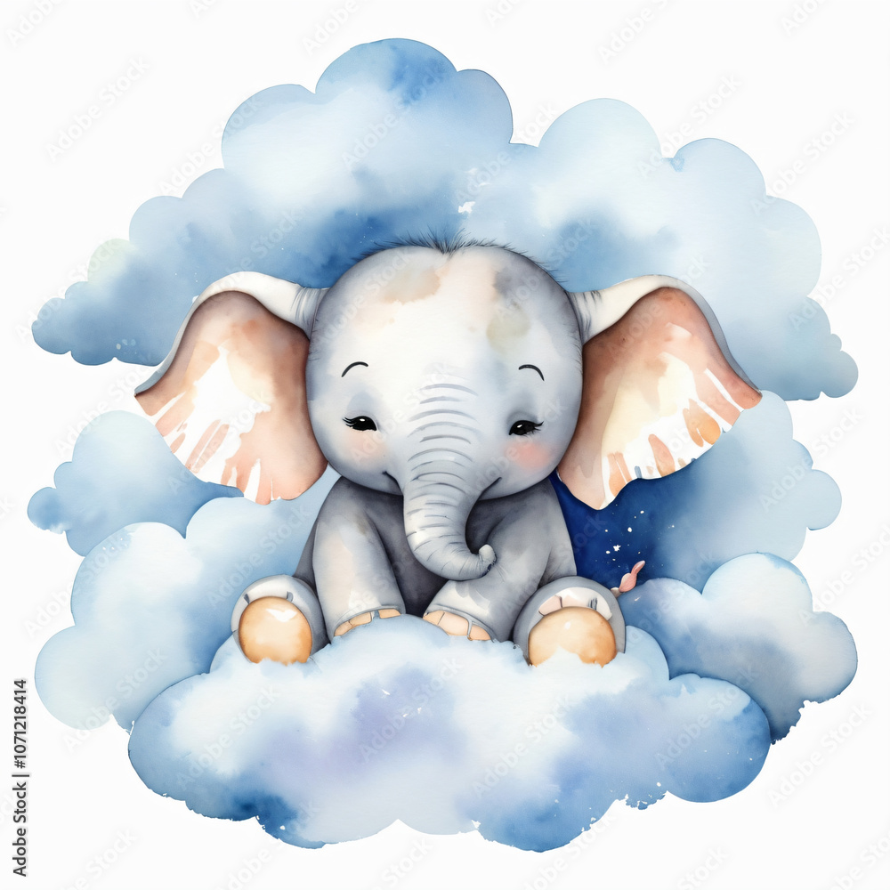 An elephant sleeps peacefully on fluffy clouds in a watercolor dream. An elephant sleeps peacefully on fluffy clouds in a watercolor dream.