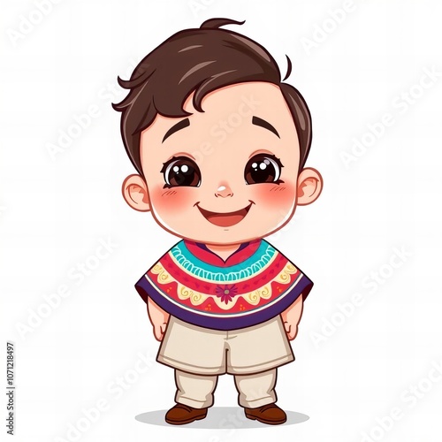 cartoon boy in mexican costume standing with his hands in his pockets.