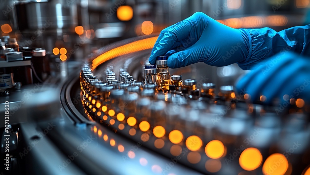 A hand placing vials on a conveyor in a pharmaceutical facility. A hand placing vials on a conveyor in a pharmaceutical facility.