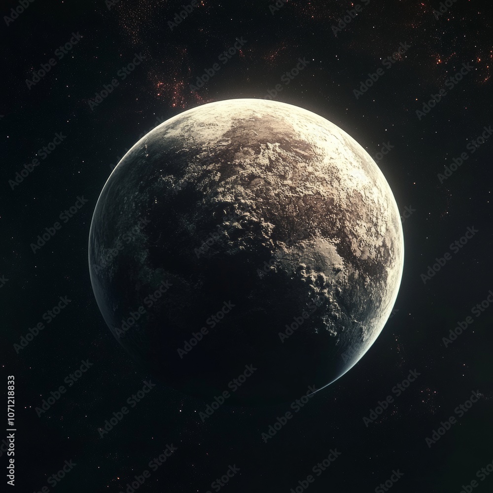 A close-up view of a planet with a rough surface, floating in the darkness of space A close-up view of a planet with a rough surface, floating in the darkness of space