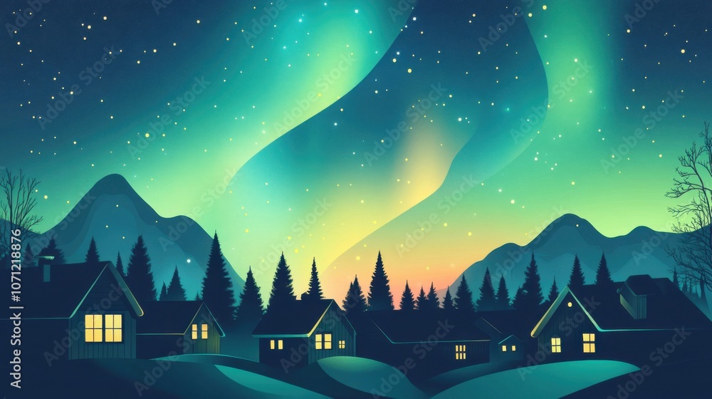 Fototapeta premium Aurora's Embrace: Nordic Village Serenity