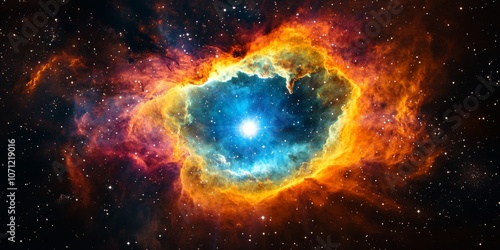 A colorful nebula with swirling clouds of gas and dust, creating a dramatic and awe-inspiring cosmic scene