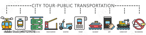 City tour, public transportation color line icon banner. contain ticket, train, scooter, cable car, road sign, ship, app and more. Vector EPS 10. for print, UI or UX kit, web and app development.