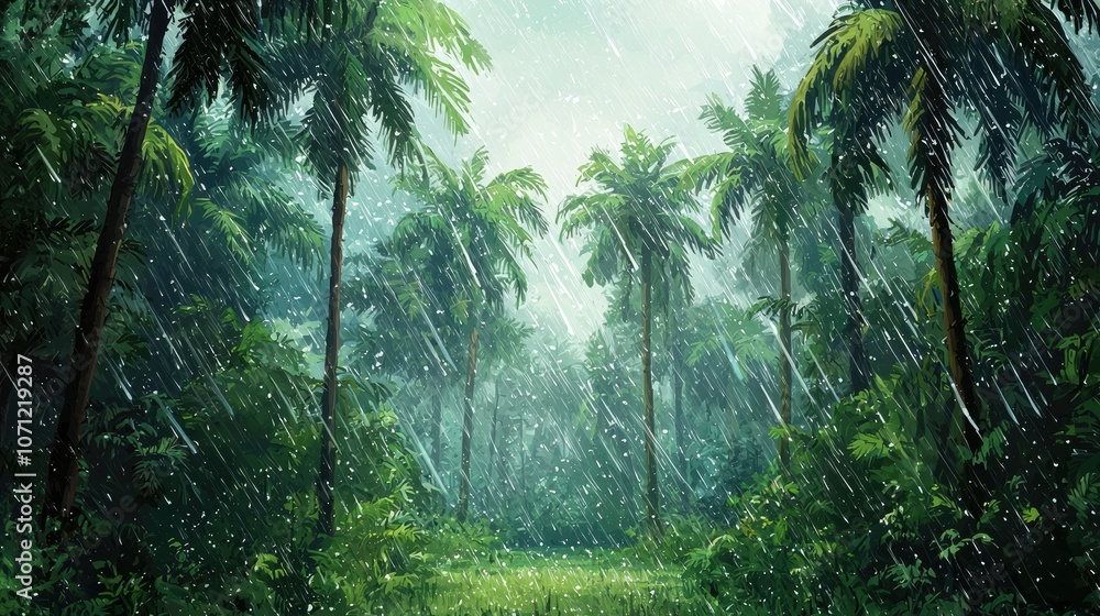 Naklejka premium Lush tropical rainforest with palm trees and heavy rain.