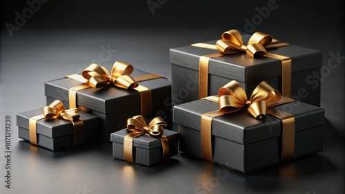 Elegant black gift boxes with gold ribbon, luxury, present, packaging, celebration, classy, sophisticated, chic, festive, surprise