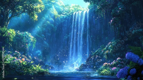 Lush tropical waterfall cascades into a serene pool with vibrant flora.