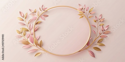 Empty golden circle frame with delicate pink leaves on the corners, floral, frame, circle, golden, pink, leaves photo