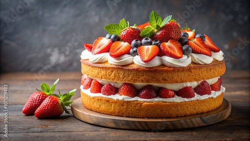 Deliciously elegant strawberry sponge cake with fresh berries and whipped cream, strawberry, sponge cake