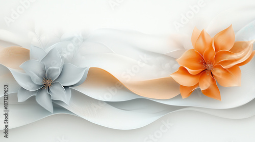 beautiful abstract design featuring silver and orange flowers with flowing ribbons. soft colors create serene and elegant atmosphere