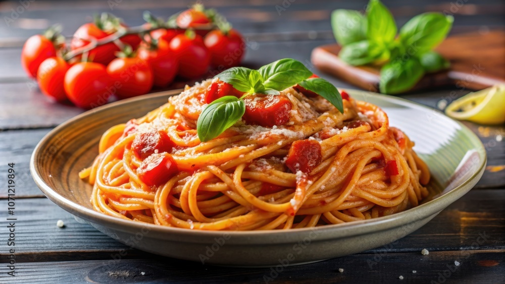 Close up of delicious Italian spaghetti pasta with tomato, cheese and red pesto sauce, Italian, spaghetti, pasta Close up of delicious Italian spaghetti pasta with tomato, cheese and red pesto sauce, Italian, spaghetti, pasta